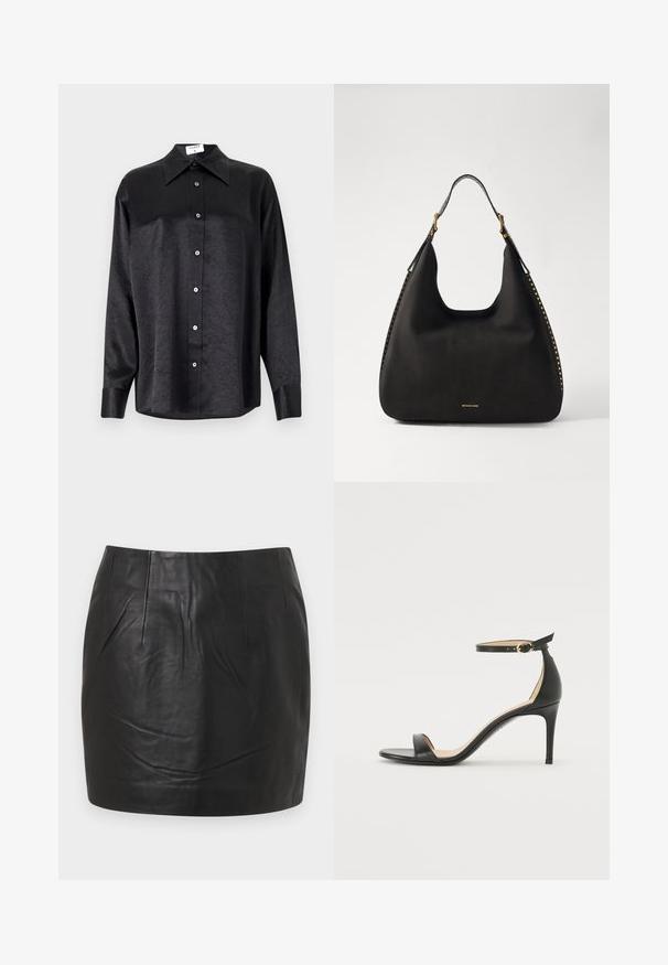 Musta pikemate varrukatega särk, millel on krae ja kortsus tekstuur, täispikk nööpidega eesmine osa ja varrukate mansetid. Valmistatud siledast kangast.; Must mustreeritud mini-seelik, millel on sile tekstuur, nähtavad õmblusdetailid ja sirge lõikekujundus. Ilma taskute või kaunistusteta.; Must musta kõrgete kontsadega sandaal, millel on pahkluule kinnituv rihm. Omab sileda tekstuuri, avatud varbaosa ning õhukest kontsa. Kuldtooniline pandla detail.; MICHAEL Michael Kors NOLITA HOBO  - Käekott - black