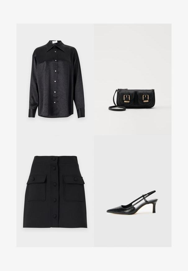 Sort langærmet skjorte med krave, der har en krøllet tekstur, fuld knaplukning foran og manchetter. Lavet af et glat stof.; Sort mini nederdel lavet af tekstureret stof med en front knap lukning, to klaffelommer og en tætsiddende silhuet.; Sorte patent slingback hæl med spids tå, prydet med tekstureret slangeskindsmønster, justerbar rem og en kort, tekstureret blokhæl.; Sort læder crossbody taske med to frontlommer, guldspænder, lynlåslukning og en slank rem. Struktureret overflade og kompakt rektangulær form.