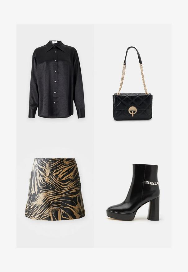 Črna srajca z dolgimi rokavi in ovratnikom, ki ima gubasto teksturo, celotno zapenjanje na gumb in manšete. Izdelana iz gladkega materiala.; Črna in zlatna krila z vzorcem zebre, izdelana iz gladkega materiala, s prilegnjeno obliko in visokim pasom.; Črne lakirane gležnjarje z debelo platformo in visokim blok peto. Imajo srebrno verigo kot okras ob strani. Gladka tekstura.; Črna prešita usnjena torbica z zlatim verižnim ročajem, ki vsebuje okroglo zapiralno podrobnost. Kompaktna pravokotna oblika z gladko teksturo.