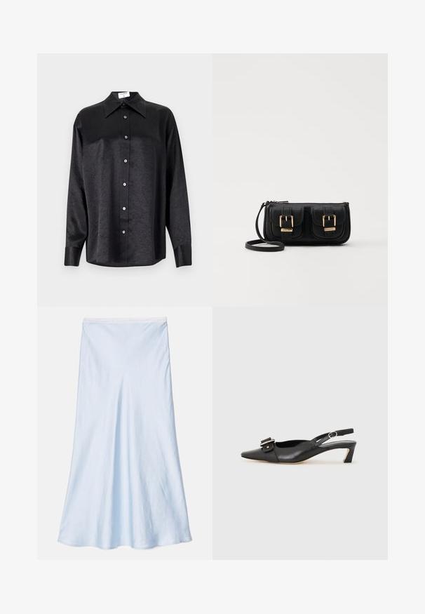 Camisa negra de manga larga con cuello, que presenta una textura arrugada, botón frontal completo y puños. Fabricada en un tejido suave.; sandro SKYN - Falda acampanada - bleu ciel; Zapato slingback de cuero negro con punta afilada, tacón pequeño y detalle de hebilla decorativa en la parte superior. Textura suave, diseño minimalista.; Bolso cruzado de cuero negro con dos bolsillos frontales, hebillas doradas, cierre de cremallera y una correa delgada. Superficie texturizada y forma rectangular compacta.