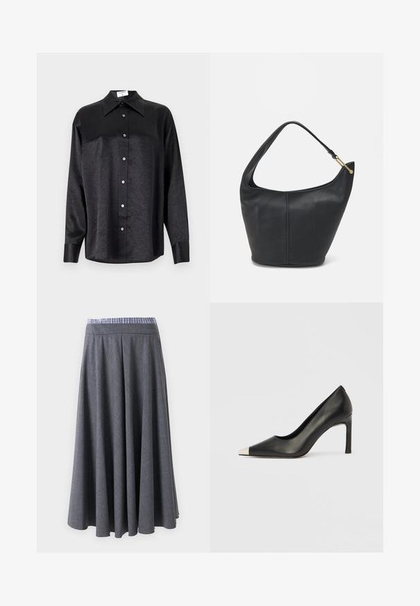 Zwarte blouse met lange mouwen en een kraag, voorzien van een gekreukt oppervlak, volwaardige knopen aan de voorkant en manchetten. Gemaakt van een gladde stof.; Hoge taille, donkergrijze, wijde broek met een subtiele ruitpatroon en een blauw-witte gestreepte tailleband, hangt tegen een witte achtergrond.; Zwarte leren hoge hak met een spits toelopende neus en een metalen zilverkleurige kap. Heeft een gladde afwerking en een slanke hak van 10 cm.; Zwarte leren handtas met een ronde vorm, een brede schouderriem en een gestructureerde afwerking. Bevat subtiele naaddetails en een gouden hardwareaccent.