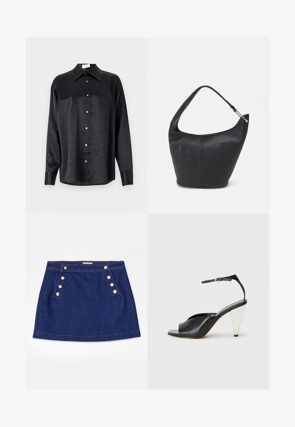 Musta pitkähiha vaarallista paitaa, jossa on kauluspanta, ryppytynyt pinta, täysi napitus edessä ja hihansuut. Valmistettu sileästä kankaan.; FRAME SAILOR SNAP SKIRT - Farkkuhame - celestine; Mustat nahkaiset korkokengät avonaisella varpaalla, epäsymmetrinen muotoilu, nilkkaremmi ja metallinen kartiomallinen korko. Tasainen pinta kauttaaltaan.; Mustan nahkainen käsilaukku, jossa on pyöreä muoto, leveä olkahihna ja teksturoitu pinta. Sisältää hienovaraisia saumaräätelyjä ja kultasävytteisen varusteen.