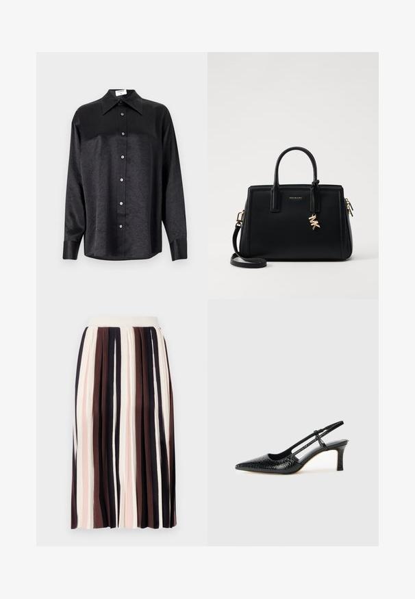 Fekete, hosszú ujjú ing, galléros nyakkal, gyűrött textúrával, teljes gombos elejével és mandzsettákkal. Simaságú anyagból készült.; Félredohányzott szoknya, mentén vertikális csíkokkal, sötétbarna, világos rózsaszín és krémszínű árnyalatokban, illeszkedő derékkal és puha, texturált anyagból készült.; Fekete lakk slingback sarok, hegyes orral, texturált kígyómintával, állítható pánttal és rövid, texturált tömbsarkal.; Fekete bőr kézitáska strukturált dizájnnal, dupla felső fogantyúkkal, levehető vállpánttal, arany színű fémrészletekkel és logómedál díszítéssel.