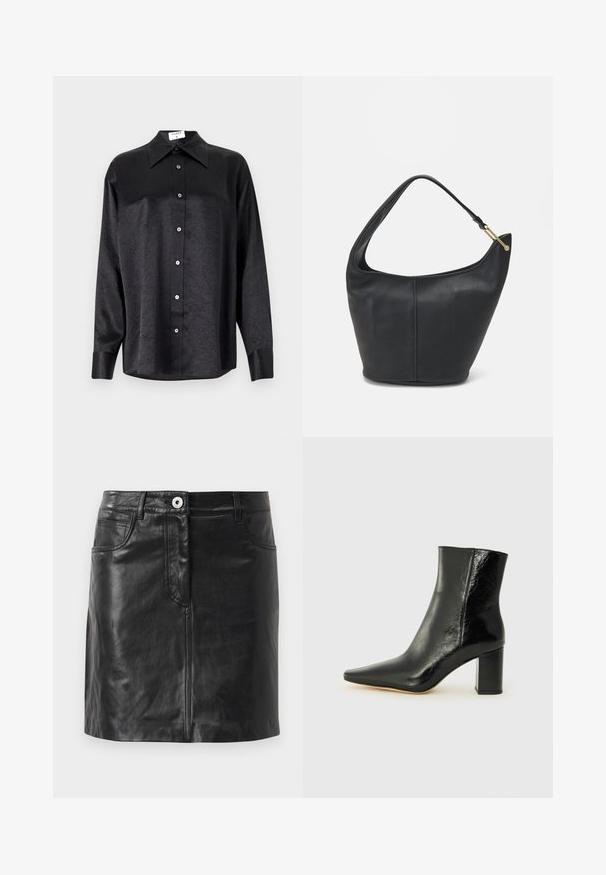 Musta pitkähiha vaarallista paitaa, jossa on kauluspanta, ryppytynyt pinta, täysi napitus edessä ja hihansuut. Valmistettu sileästä kankaan.; WEEKEND MaxMara HULL - Kynähame - nero; Musta nilkkuri kiiltävästä nahasta, jossa on terävä kärki ja paksu, neliömäinen korko. Sisältää sileän pinnan ja minimalistisen muotoilun.; Mustan nahkainen käsilaukku, jossa on pyöreä muoto, leveä olkahihna ja teksturoitu pinta. Sisältää hienovaraisia saumaräätelyjä ja kultasävytteisen varusteen.