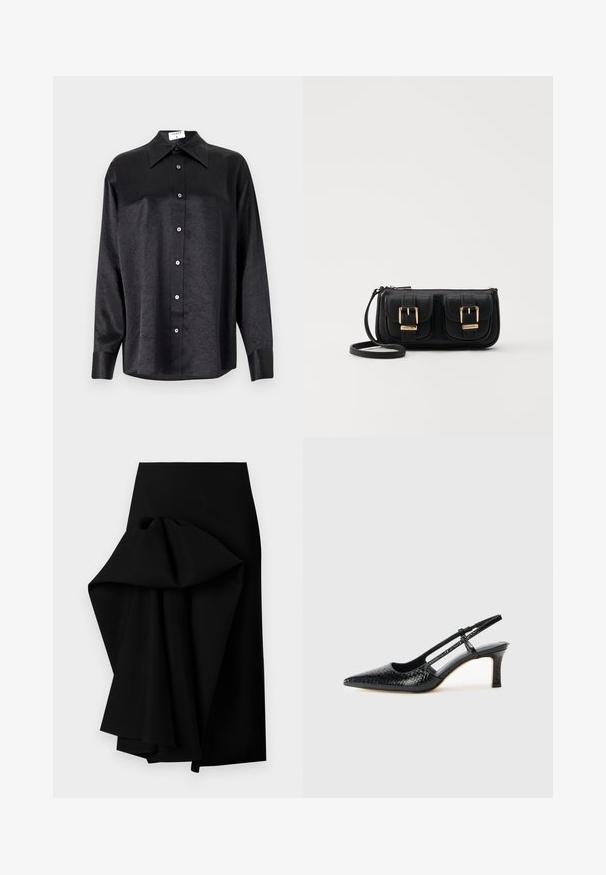 Fekete, hosszú ujjú ing, galléros nyakkal, gyűrött textúrával, teljes gombos elejével és mandzsettákkal. Simaságú anyagból készült.; Fekete szoknya sima anyagból, oldalt egy nagyra szabott, laza kialakítással, amely magasabb elől és alacsonyabb hátul van.; Fekete lakk slingback sarok, hegyes orral, texturált kígyómintával, állítható pánttal és rövid, texturált tömbsarkal.; Fekete bőr keresztbody táska két elülső zsebbel, arany csattokkal, cipzáras záródással és vékony pánttal. Textúrált felület és kompakt téglalap alak.