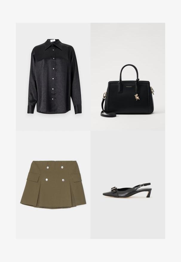 Zwarte blouse met lange mouwen en een kraag, voorzien van een gekreukt oppervlak, volwaardige knopen aan de voorkant en manchetten. Gemaakt van een gladde stof.; Olijfgroene mini-jurk gemaakt van gestructureerde stof, met dubbele zilveren knoopaccenten en zijzakken met geplooid ontwerp.; Zwarte leren slingback schoen met scherpe neus, kleine hak en decoratieve gespdetails op de bovenkant. Stijlvolle textuur, minimalistisch ontwerp.; Zwarte leren handtas met gestructureerd ontwerp, dubbele handvatten aan de bovenkant, afneembare schouderband, gouden hardware en een logo charm accent.