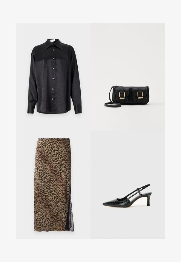Chemise noire à manches longues avec un col, présentant une texture froissée, une fermeture à boutons sur le devant et des poignets. Fabriquée en tissu lisse.; Jupe midi à imprimé léopard avec une silhouette ajustée, panneau latéral en dentelle transparente et texture de tissu lisse dans des tons terre.; Escarpin slingback en vernis noir avec un bout pointu, présentant un imprimé serpent texturé, une sangle réglable et un petit talon bloc texturé.; Sac en cuir noir porté en travers avec deux poches avant, boucles dorées, fermeture zippée et une sangle fine. Surface texturée et forme rectangulaire compacte.