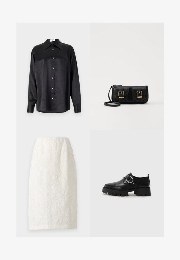 Fekete, hosszú ujjú ing, galléros nyakkal, gyűrött textúrával, teljes gombos elejével és mandzsettákkal. Simaságú anyagból készült.; Térd alá érő fehér szoknya, textúrált virágmintával, kiemelkedő rózsaformákkal és finom fényeléssel. Egyszerű, egyenes sziluett.; Fekete bőr cipők tömzsi, bordázott talppal, kerek ezüst hardware díszítéssel és minimális varrási részletekkel.; Fekete bőr keresztbody táska két elülső zsebbel, arany csattokkal, cipzáras záródással és vékony pánttal. Textúrált felület és kompakt téglalap alak.