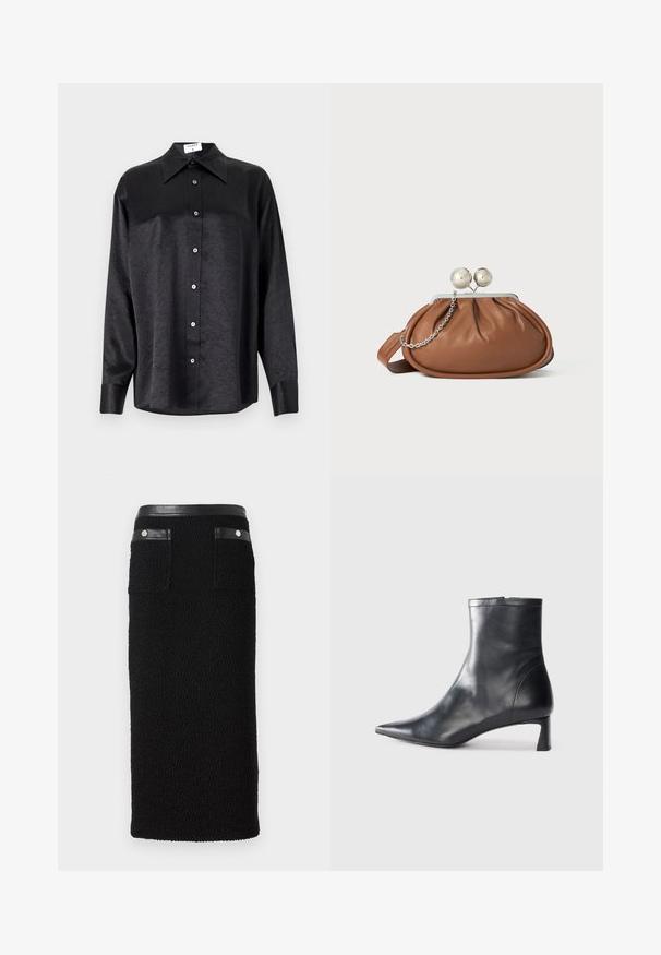 Schwarzes Langarmhemd mit kragenförmigem Halsausschnitt, mit einem zerknitterten Textur, voller Knopfleiste und Manschetten. Hergestellt aus einem glatten Stoff.; Schwarzer Bleistiftrock aus strukturiertem Material, mit einem glatten schwarzen Bund, zwei hinteren Taschen mit silbernen Beschlägen.; Schwarze Lederstiefelette mit spitzer Zehe und schlankem Design. Verfügt über einen niedrigen Absatz und einen Reißverschluss hinten. Glatte Textur.; Braune Leder-Clutch mit silbernem Kugelverschluss und einem kleinen silbernen Kettendetail auf weißem Hintergrund.
