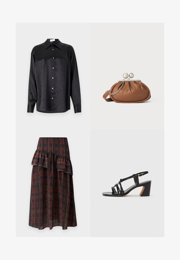 Čierna košeľa s dlhým rukávom a golierom, s pokrčenou textúrou, plne gombíkovou prednou časťou a manžetami. Vyrobená z hladkého materiálu.; Maxi sukňa v tmavočervenej a čiernej kockovanej vzore, ktorá má vrstvené volány v páse, vyrobená z ľahkého materiálu s jemnou textúrou.; Paul Smith AMIRA - Klasické lodičky na opätku - black; Hnedá kožená kabelka s strieborným guľovým zapínaním a malým strieborným reťazom na bielom pozadí.
