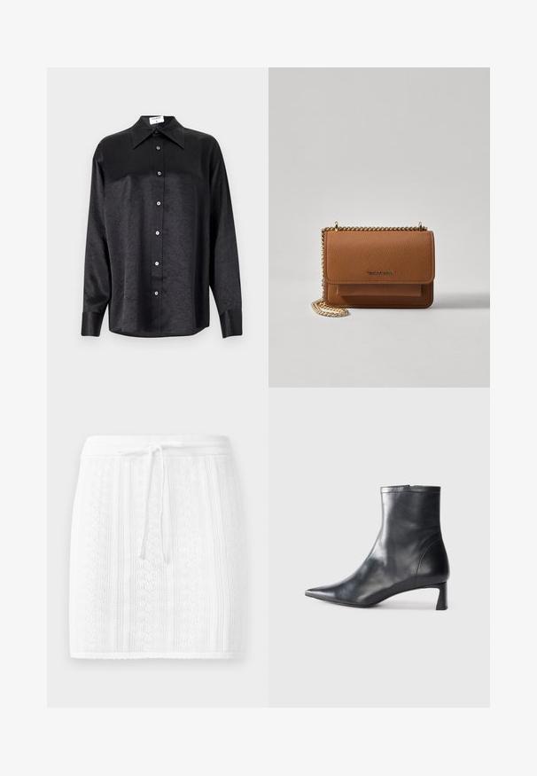 Schwarzes Langarmhemd mit kragenförmigem Halsausschnitt, mit einem zerknitterten Textur, voller Knopfleiste und Manschetten. Hergestellt aus einem glatten Stoff.; Weiße Strickröcke mit einem strukturierten Muster und vertikalen Streifen; mit einem Kordelzug-Bund und einem gekerbten Saum.; Schwarze Lederstiefelette mit spitzer Zehe und schlankem Design. Verfügt über einen niedrigen Absatz und einen Reißverschluss hinten. Glatte Textur.; Braune strukturierte Ledertasche mit goldener Kettenriemen und Klappenverschluss. Die Vorderseite zeigt ein Logo-Detail und eine Tasche unter der Klappe.