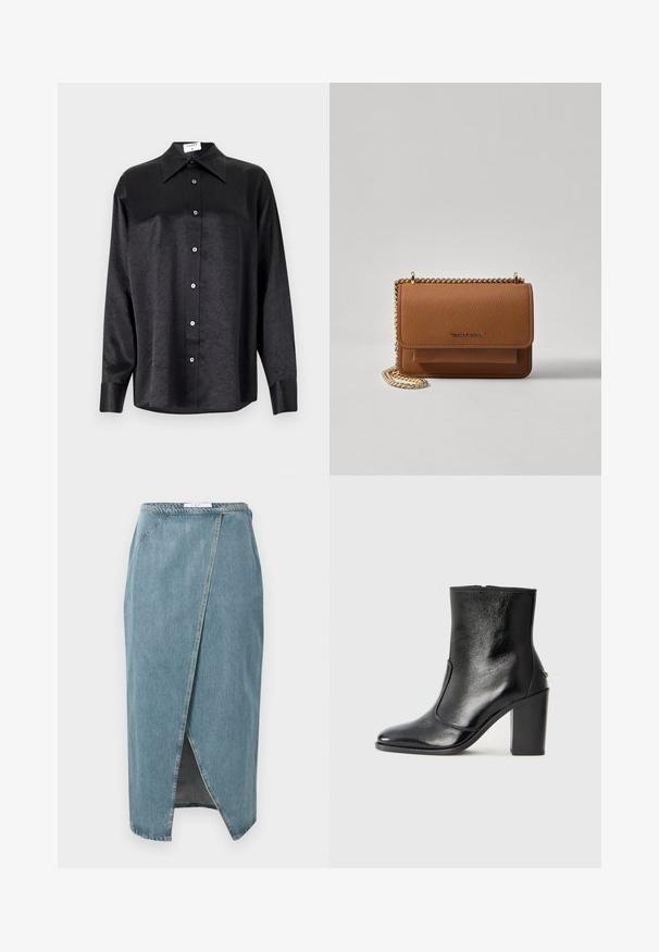 Schwarzes Langarmhemd mit kragenförmigem Halsausschnitt, mit einem zerknitterten Textur, voller Knopfleiste und Manschetten. Hergestellt aus einem glatten Stoff.; Jeansrock in Hellblau mit Wickeldesign, sichtbaren Nähten, Schlitz vorne und schmaler Taille.; Schwarze Leder-Stiefelette mit glatter Textur, spitzem Fuß und klobigem hohen Absatz. Verfügt über eine seitliche Öffnung und ein minimalistisches Design.; Braune strukturierte Ledertasche mit goldener Kettenriemen und Klappenverschluss. Die Vorderseite zeigt ein Logo-Detail und eine Tasche unter der Klappe.