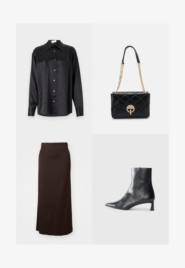 Crna košulja dugih rukava s ovratnikom, s naboranom teksturom, potpuno dugmadi naprijed i manžetama. Izrađena od glatkog materijala.; Duga crna suknja od glatkog materijala. Ima ravni dizajn s bočnim izrezom za lakše kretanje i suptilan detalj na pojasu.; Crne kožne gležnjače s uskim vrhom i elegantnim dizajnom. Imaju niski potpetak i zatvaranje na patentni zatvarač straga. Glatka tekstura.; Crna prešivena kožna torba s zlatnim lančićem, koja ima kružnu kopču. Kompaktni pravokutni oblik s glatkom teksturom.