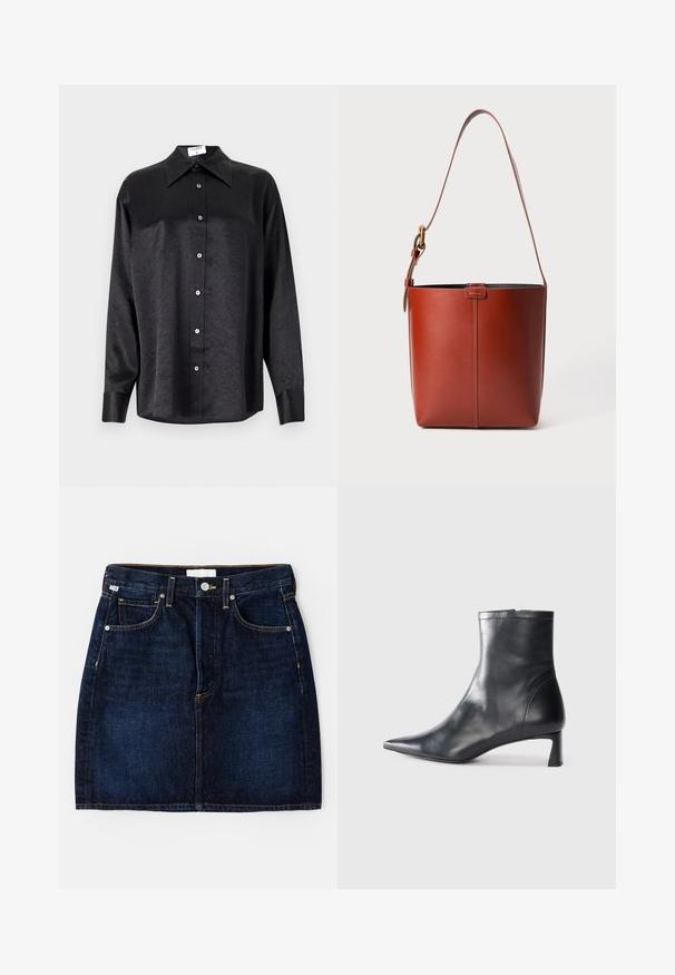 Schwarzes Langarmhemd mit kragenförmigem Halsausschnitt, mit einem zerknitterten Textur, voller Knopfleiste und Manschetten. Hergestellt aus einem glatten Stoff.; Dunkelblaer Jeansrock mit fünf Taschen, goldenen Nähten und klassischer Passform. Verfügt über einen Knopfverschluss und Gürtelschlaufen.; Schwarze Lederstiefelette mit spitzer Zehe und schlankem Design. Verfügt über einen niedrigen Absatz und einen Reißverschluss hinten. Glatte Textur.; Braune Leder-Eimer-Tasche mit verstellbarem Schultergurt und goldfarbener Schnalle, einfache vertikale Nahtdetails auf der Vorderseite.
