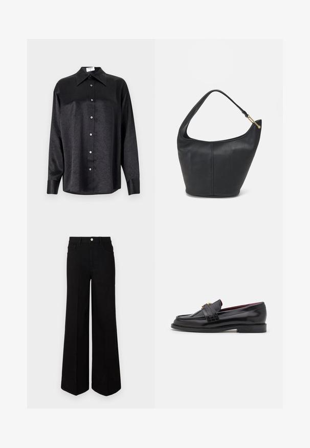 Černá košile s dlouhým rukávem a límečkem, s jakostní texturou, plně zapínací, s manžetami. Vyrobena z hladkého materiálu.; Černé široké džíny vyrobené z pevné látky, s vysokým pasem, předními kapsami a zapínáním na knoflík. Rovný lem na spodním okraji.; Černé kožené mokasíny se šitým vzorem, hladkým povrchem, zlatou sponou a zakulacenou špičkou, umístěné na nízké černé podrážce.; Černá kožená kabelka zaobleného tvaru, s širokým popruhem a texturovaným povrchem. Obsahuje jemné švy a akcenty ve zlatém tónu.