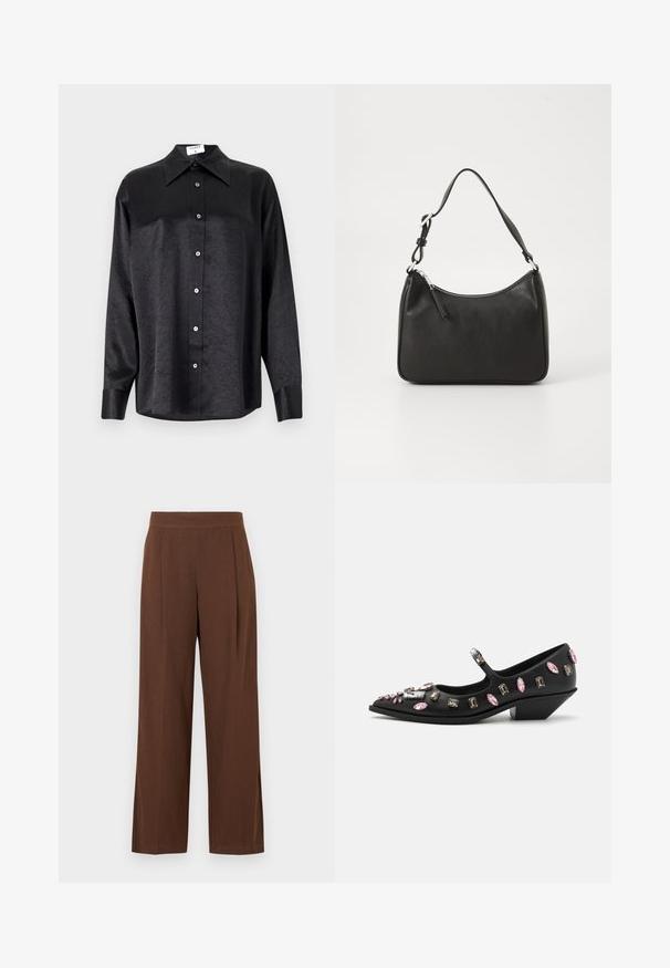 Black long-sleeve shirt with a collared neckline, featuring a crinkled texture, full button front, and cuffs. Made from a smooth fabric.; Brown wide-leg trousers with a smooth texture, featuring a flat front and pleats. The waistband is elasticized for comfort and fit.; Black leather Mary Jane-style shoe with a pointed toe, embellished with various-shaped stones in pink and clear, featuring a low wedge heel.; Black leather handbag with a curved shape, a single strap, zip closure, and subtle branding on the front. Smooth texture, minimalist design.
