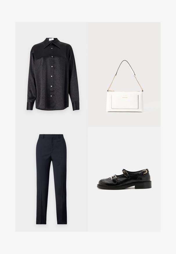 Camicia nera a maniche lunghe con colletto, caratterizzata da una texture stropicciata, chiusura frontale con bottoni e polsini. Realizzata in un tessuto morbido.; Pantaloni tailored blu navy a gamba dritta, caratterizzati da una texture liscia, due tasche frontali e una vita pulita.; Scarpe in pelle nera con dettagli brogue, dotate di due cinturini con fibbia, punta arrotondata e tacco basso. Texture liscia con finitura lucida.; Borsa a tracolla bianca in pelle con un finish testurizzato, dotata di una tracolla in catena dorata e accenti neri. Include una tasca frontale e una chiusura con zip.