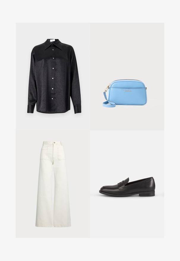 Melnas garām piedurknēm krekls ar apdari, kas piedāvā samocītu tekstūru, pilnu pogu priekšpusi un aproces. Izgatavots no gludas auduma.; Platās kājas džinsi off-white denima. Augsta jostasvieta ar pogu aizdari, divas priekšējās kabatas un kontrastējošas šuvju detaļas.; Melnas ādas loafer kurpes ar noapaļotu purngali, dekoratīvu šūšanu un zemu bloku papēdi. Izceļas ar gludu tekstūru un minimālistisku dizainu.; Gaiši zila ādas plecu soma ar zeltītām detaļām, ar rāvējslēdzēju un priekšējo kabatu. Iespējams regulēt siksnu, lai nodrošinātu ērtību.