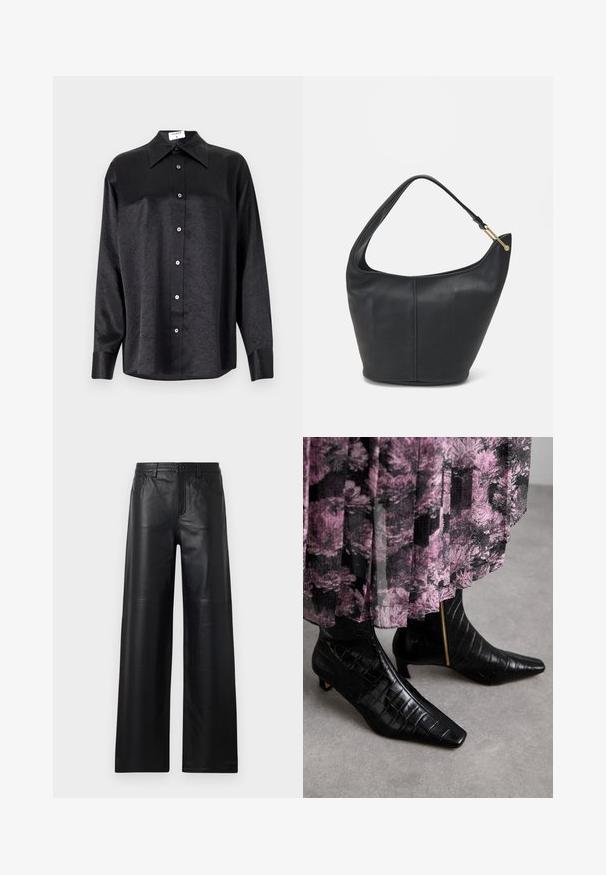 Musta pikemate varrukatega särk, millel on krae ja kortsus tekstuur, täispikk nööpidega eesmine osa ja varrukate mansetid. Valmistatud siledast kangast.; Laiad mustad nahkpüksid siledast tekstuurist, esi-taskute, nööbiga sulgemise ja peente õmblusdetailidega.; Mustad musta krokodillimustriga nahast pahklaukena saapad, terava ninaga ja väikese plokknõrgiga; külgedel on kuldne tõmblukk.; Musthave musta nahast käekott ümarate servadega, laia rihmaga ja tekstureeritud pinnaga. Omab peenelt õmblust detailina ning kullatooni aksessuaare.