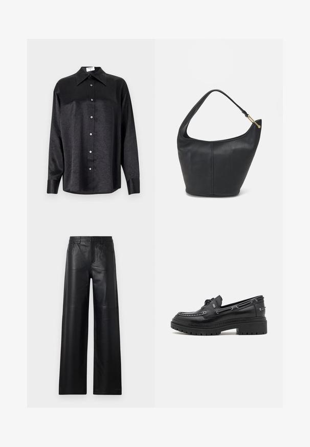 Black long-sleeve shirt with a collared neckline, featuring a crinkled texture, full button front, and cuffs. Made from a smooth fabric.; Wide-leg black leather pants with a smooth texture, featuring front pockets, a button closure, and subtle stitching details.; Black leather loafers with a rounded toe, white stitching, decorative lacing, and a thick, rugged sole. Features metal eyelets on the sides.; Black leather handbag with a rounded shape, a wide strap, and a textured finish. Features a subtle seam detail and a gold-tone hardware accent.