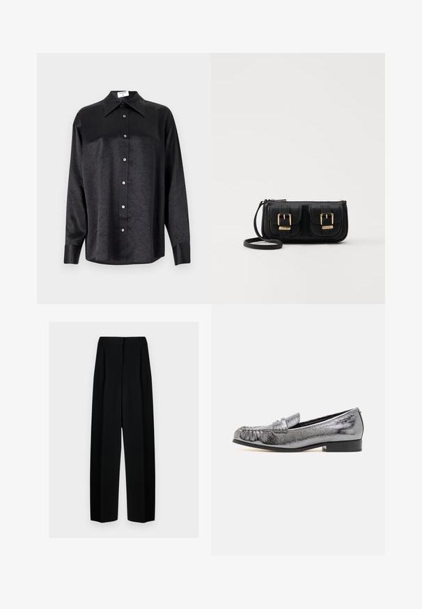 Musta pikemate varrukatega särk, millel on krae ja kortsus tekstuur, täispikk nööpidega eesmine osa ja varrukate mansetid. Valmistatud siledast kangast.; Mustad laiad püksid kõrge vöökohtaga, millel on voldid ja sujuv tekstuur. Kanga välimus on kerge ja see ripub elegantselt.; Metallik hõbedast nahast loafersid tekstureeritud viimistlusega, millel on frantsi üksikasjad ja madal must konts. Klasikaline ja lihtne kuju.; Must küllastamata nahast õlakott, millel on kaks esist nähtavat taskut, kuldsed pandlad, tõmblukuga sulgemine ja peen rihm. Tekstuuriga pind ja kompaktne ristkülikukujuline kuju.