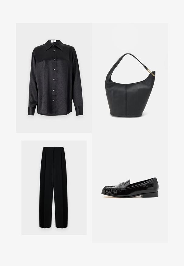 Musta pitkähiha vaarallista paitaa, jossa on kauluspanta, ryppytynyt pinta, täysi napitus edessä ja hihansuut. Valmistettu sileästä kankaan.; Mustat leveät housut korkealla vyötäröllä, joissa on laskokset ja sileä pinta. Kangas näyttää kevyeltä ja laskeutuu kauniisti.; Musta patenttina nahka loafersit, joissa on pyöreä kärki, fringedetail ja matala lohkoilma. Pintamateriaali on kiiltävä.; Mustan nahkainen käsilaukku, jossa on pyöreä muoto, leveä olkahihna ja teksturoitu pinta. Sisältää hienovaraisia saumaräätelyjä ja kultasävytteisen varusteen.