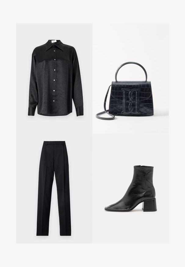 Melnas garām piedurknēm krekls ar apdari, kas piedāvā samocītu tekstūru, pilnu pogu priekšpusi un aproces. Izgatavots no gludas auduma.; Melnas bikses, izgatavotas no gludas auduma, ar augstu vidukli, platiem bikšu galdniekiem, priekšējiem krokām un klasiskām jostu cilpām. Sānu kabatas nav redzamas.; Melnas ādas potīšu zābaki ar smailu purngalu, matētu apdari un masīlu taisnstūrveida papēdi. Aizmugurē ir rāvējslēdzējs.; Melnas krokodila rakstā izgatavota ādas rokassoma ar strukturētu dizainu, augšējo rokturi, regulējamu siksnu un izteiktu priekšējo logotipa detaļu.