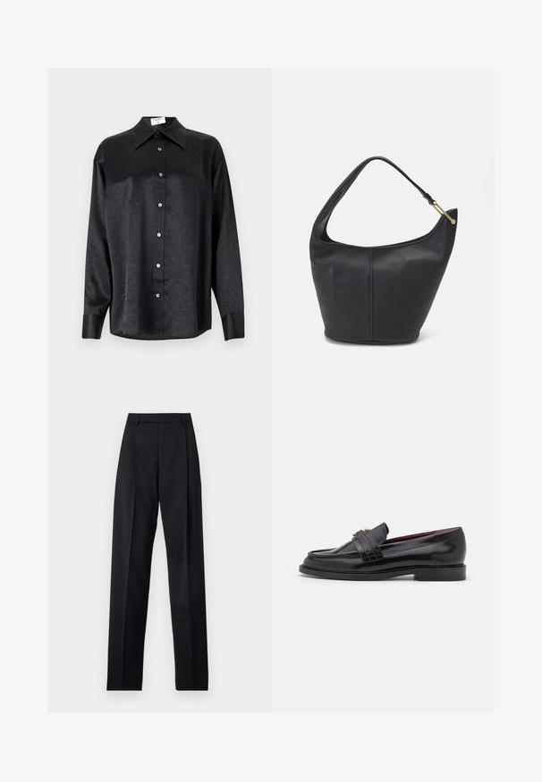 Camicia nera a maniche lunghe con colletto, caratterizzata da una texture stropicciata, chiusura frontale con bottoni e polsini. Realizzata in un tessuto morbido.; Pantaloni neri realizzati in tessuto morbido, caratterizzati da vita alta, gambe larghe, pince frontali e classiche passanti per cintura. Non ci sono tasche laterali visibili.; Mocassini neri in pelle con un motivo cucito, texture liscia, dettaglio con fibbia dorata e punta arrotondata, posizionati su una suola bassa nera.; Borsa a tracolla in pelle nera con forma arrotondata, una tracolla ampia e una finitura testurizzata. Presenta un dettaglio di cucitura discreto e un dettaglio in metallo dorato.