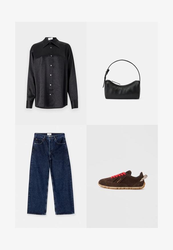 Schwarzes Langarmhemd mit kragenförmigem Halsausschnitt, mit einem zerknitterten Textur, voller Knopfleiste und Manschetten. Hergestellt aus einem glatten Stoff.; Dunkelblaue Jeans im weit geschnittenen Stil mit hoher Taille, Fronttaschen und einer glatten Textur mit dezenten Nähten.; Braune Wildledersneaker mit roten Schnürsenkeln, Gummisohle und goldener Logoprint. Merkmale sind eine runde Zehenpartie und eine weiche, strukturierte Oberfläche.; Schwarze Leder-Umhängetasche mit geschwungenem Design, Reißverschluss und schmalem Trageriemen. Hat eine glatte Textur und dezente Nahtdetails.