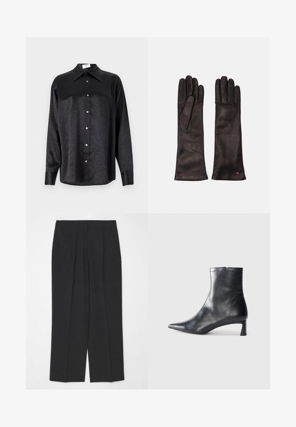 Black long-sleeve shirt with a collared neckline, featuring a crinkled texture, full button front, and cuffs. Made from a smooth fabric.; Dark gray tailored trousers with a straight-leg cut, featuring a single button closure and two front pleats, smooth texture, and no embellishments.; Black leather ankle boot with a pointed toe and a sleek design. Features a low heel and a zipper closure at the back. Smooth texture.; Weekend Max Mara SENAPE - Gloves - nero
