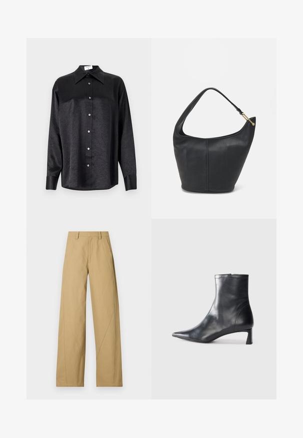 Musta pitkähiha vaarallista paitaa, jossa on kauluspanta, ryppytynyt pinta, täysi napitus edessä ja hihansuut. Valmistettu sileästä kankaan.; Khaki levelet harem-housut, jotka on valmistettu puuvillasekoitteesta, jossa on sileä rakenne. Niissä on viisto ommelkoristelu ja klassinen vyötärönauha.; Musta nahkainen nilkkabotti, jossa on teräväkärkinen muotoilu ja tyylikäs design. Varusteena matala korko ja takana vetoketjukiinnitys. Sileä pinta.; Mustan nahkainen käsilaukku, jossa on pyöreä muoto, leveä olkahihna ja teksturoitu pinta. Sisältää hienovaraisia saumaräätelyjä ja kultasävytteisen varusteen.