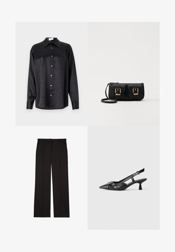 Black long-sleeve shirt with a collared neckline, featuring a crinkled texture, full button front, and cuffs. Made from a smooth fabric.; Black tailored trousers made of a smooth fabric, featuring a straight-leg design, and two side pockets. Elegant and minimalistic construction.; Black leather slingback shoe with a pointed toe, decorative straps featuring metal eyelets, and a low block heel. Textured surface.; Black leather crossbody bag with two front pockets, gold buckles, zipper closure, and a slim strap. Textured surface and compact rectangular shape.