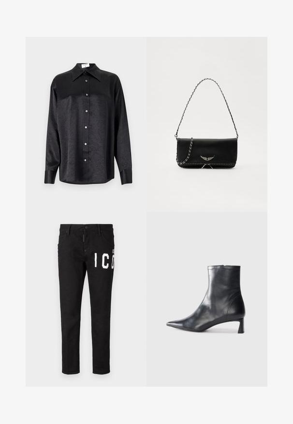 Čierna košeľa s dlhým rukávom a golierom, s pokrčenou textúrou, plne gombíkovou prednou časťou a manžetami. Vyrobená z hladkého materiálu.; Čierne džínsy z denimovej látky so slim fit strihom. Obsahujú biele grafické texty na prednej strane, päť vreciek a zapínanie na gombík. Hladká textúra.; Čierne kožené členkové topánky s špicatou špičkou a elegantným dizajnom. Majú nízky podpätok a zips na zadnej strane. Hladká textúra.; Čierna kožená kabelka so strieborným reťazovým popruhom, so zdobnými krídelnými akcentmi a bielym prešívaním pozdĺž dolného švu.