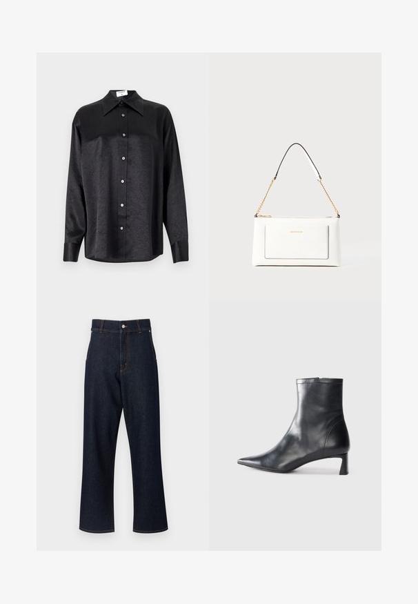 Musta pikemate varrukatega särk, millel on krae ja kortsus tekstuur, täispikk nööpidega eesmine osa ja varrukate mansetid. Valmistatud siledast kangast.; Tumed sinised teksad kõrge vöökoha, sirge jalaga disainiga, oranžade seamise detailidega ja nööpkinnitusega. Ees pole nähtavaid taskuid.; Mustad mustall nahkasaabas terava nina ja stiilse disainiga. Omab madalat konts ja luku sulgemist taga. Sile tekstuur.; Valge nahast kott tekstureeritud viimistlusega, millel on kuldne kettling ja mustad aktsendid. Include eesmine tasku ja tõmblukk.