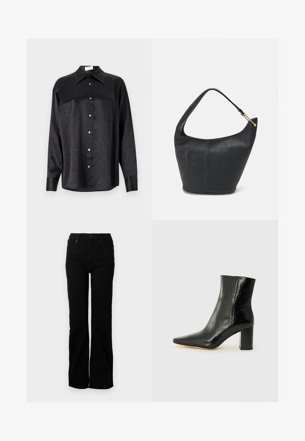 Fekete, hosszú ujjú ing, galléros nyakkal, gyűrött textúrával, teljes gombos elejével és mandzsettákkal. Simaságú anyagból készült.; Fekete farmernadrág egyenes szárú dizájnnal, öt zsebes stílussal, elülső gombos záródással és finom textúrával. Nincsenek látható minták vagy díszítések.; Fekete bokacsizma fényes bőrből, hegyes orral és tömör, négyzet alakú sarokkal. Simácska textúrával és minimalista dizájnnal rendelkezik.; Fekete bőrtáska kerekded formával, széles pánttal és texturált felülettel. Finom varrási részletekkel és arany színű fém díszítéssel rendelkezik.
