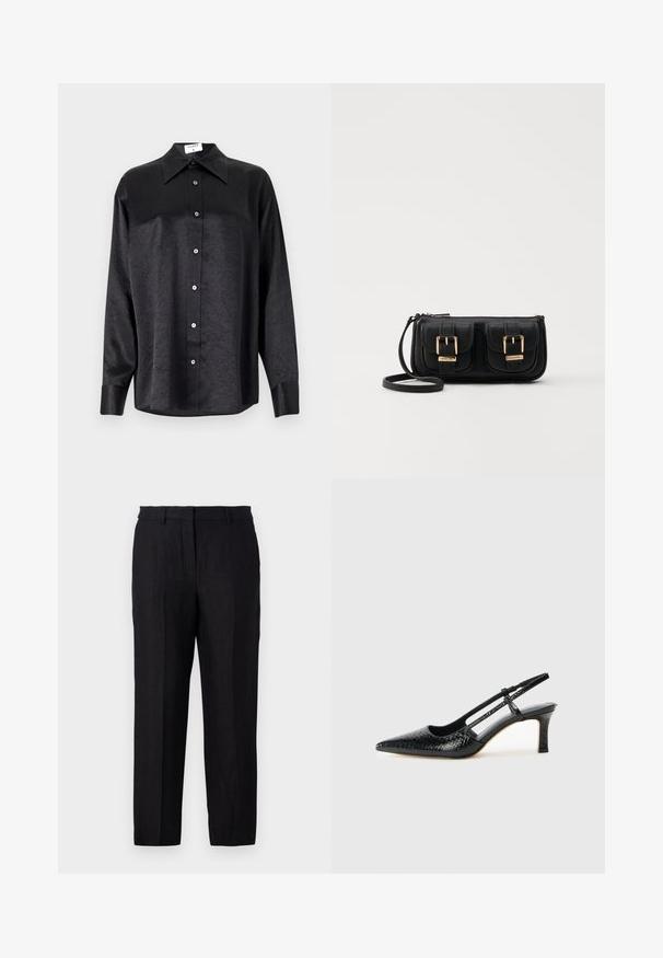 Μαύρο πουκάμισο μακρύ μανίκι με γιακά, πλούσια υφή, πλήρη κουμπί μπροστά και μανσέτες. Φτιαγμένο από μαλακό ύφασμα.; Μαύρο λινό παντελόνι με κανονική εφαρμογή, διαθέτει φερμουάρ, θήκες για ζώνη και μπροστινές και πίσω τσέπες. Λείο υλικό και μίνιμαλ σχεδίαση.; Μαύρη πατέντα σλινγκμπάκ γόβα με μυτερή μύτη, διαθέτει υφή από φίδι, ρυθμιζόμενο λουρί και κοντή, υφή τετράγωνη φτέρνα.; Μαύρη δερμάτινη τσάντα ώμου με δύο μπροστινές τσέπες, χρυσά κούμπωματα, κλείσιμο με φερμουάρ και λεπτό λουρί. Υφή επιφάνειας και κομψό ορθογώνιο σχήμα.