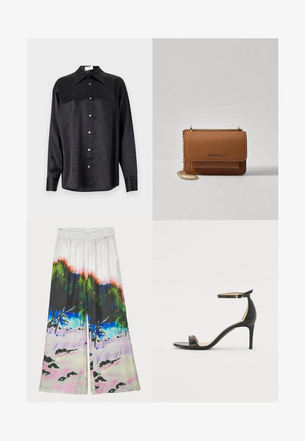 Zwarte blouse met lange mouwen en een kraag, voorzien van een gekreukt oppervlak, volwaardige knopen aan de voorkant en manchetten. Gemaakt van een gladde stof.; Wijduitlopende broek met een aquarel landschapprint in levendige groene, blauwe en roze tinten. Elastische tailleband; lichtgewicht stof.; Zwarte leren hoge hak sandaal met enkelbandje. Heeft een gladde textuur, open teen en een dunne hak. Gouden gesp detail.; Bruine lederen schoudertas met textuur, voorzien van een gouden kettingstrap en klepsluiting. De voorkant heeft een logo-detail en een zak onder de klep.