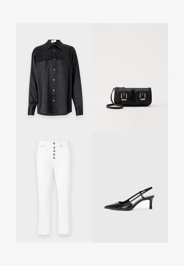 Melnas garām piedurknēm krekls ar apdari, kas piedāvā samocītu tekstūru, pilnu pogu priekšpusi un aproces. Izgatavots no gludas auduma.; Baltā džinsa bikses ar taisnu griezumu, ar pieciem dekoratīviem pogu aizdariem un priekšējām kabatām. Gluda tekstūra, bez redzamajiem rakstiem.; Melna patent āda ar slīdošo papēdi un smailo purngalu, ar teksturētu čūsku drukājumu, regulējamu siksniņu un īsu teksturētu blokpapēdi.; Melnas ādas crossbody soma ar divām priekšējām kabatām, zelta sprādzēm, ar rāvējslēdzēju aizdari un šauru siksnu. Strukturēta virsma un kompakta taisnstūra forma.