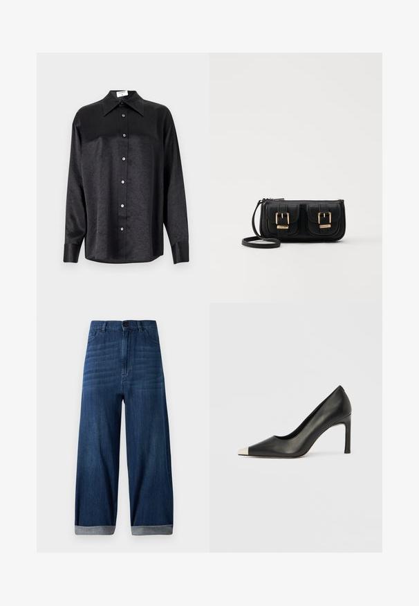 Black long-sleeve shirt with a collared neckline, featuring a crinkled texture, full button front, and cuffs. Made from a smooth fabric.; Dark blue wide-leg denim jeans with cuffed hems, front button, and pockets against a plain light background.; Black leather high heel shoe with a pointed toe and a metallic silver cap. Features a smooth finish and a slender 10 cm heel.; Black leather crossbody bag with two front pockets, gold buckles, zipper closure, and a slim strap. Textured surface and compact rectangular shape.