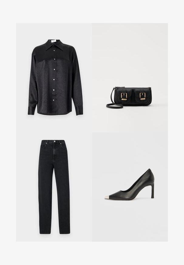 Black long-sleeve shirt with a collared neckline, featuring a crinkled texture, full button front, and cuffs. Made from a smooth fabric.; Black, straight-leg jeans made of denim. Features a high waist, metal button closure, five pockets, and subtle stitching details.; Black leather high heel shoe with a pointed toe and a metallic silver cap. Features a smooth finish and a slender 10 cm heel.; Black leather crossbody bag with two front pockets, gold buckles, zipper closure, and a slim strap. Textured surface and compact rectangular shape.