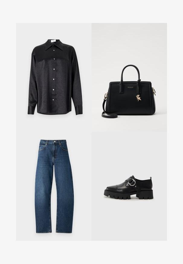 Čierna košeľa s dlhým rukávom a golierom, s pokrčenou textúrou, plne gombíkovou prednou časťou a manžetami. Vyrobená z hladkého materiálu.; Modré džínsy s vysokým pásom, rovný strih, viditeľné švy, päť vreciek a zapínanie na gombík. Klasický tmavý pranie.; Čierne kožené topánky s hrubou, rebrovanou podrážkou, vyznačujúce sa okrúhlou striebornou kovovou ozdobou a minimálnym prešívaním.; Čierna kožená kabelka so štruktúrovaným dizajnom, dvojitými hornými uchami, odnímateľným ramenným popruhom, zlatými kovovými detailmi a akcentom logového prívesku.