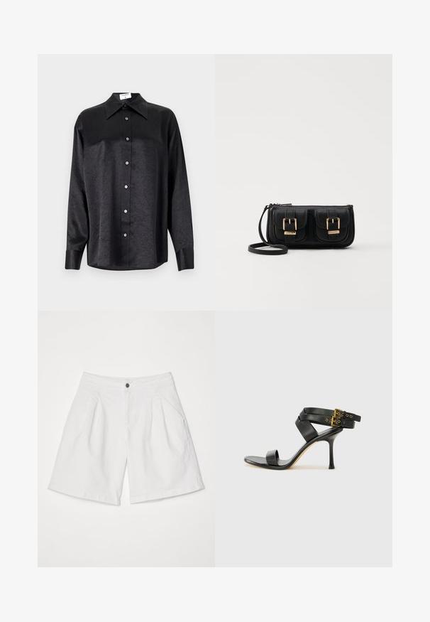 Musta pitkähiha vaarallista paitaa, jossa on kauluspanta, ryppytynyt pinta, täysi napitus edessä ja hihansuut. Valmistettu sileästä kankaan.; Valkoiset farkkushortsit, joissa on poimutettu etuosa, sivutaskut ja yksi musta nappisuljenta vyötäröllä.; Mustat korot kengät, joissa on ristikkäiset hihnat ja säädettävä solki. Ominaisuuksiin kuuluu sileä pinta ja kapeneva stilettokorko.; Musta nahkainen olkalaukku, jossa on kaksi etutaskua, kultaiset soljet, vetoketjukiinnitys ja kapea hihna. Teksturoidun pinnan ja kompaktin suorakaiteen muoto.