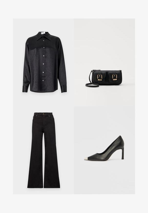 Black long-sleeve shirt with a collared neckline, featuring a crinkled texture, full button front, and cuffs. Made from a smooth fabric.; Black flared jeans made of denim with a high waist, featuring front pockets and metallic hardware on the button and rivets.; Black leather high heel shoe with a pointed toe and a metallic silver cap. Features a smooth finish and a slender 10 cm heel.; Black leather crossbody bag with two front pockets, gold buckles, zipper closure, and a slim strap. Textured surface and compact rectangular shape.
