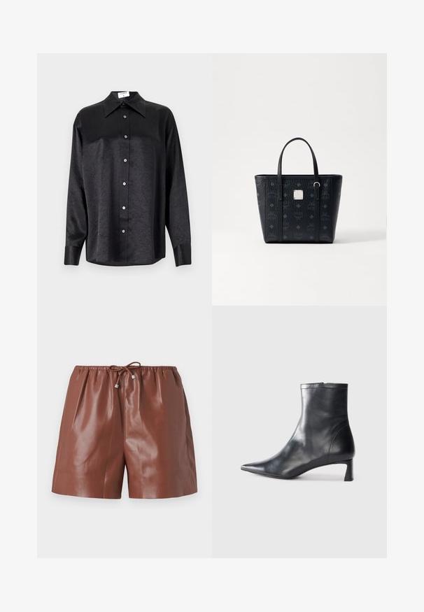 Black long-sleeve shirt with a collared neckline, featuring a crinkled texture, full button front, and cuffs. Made from a smooth fabric.; Brown leather shorts with a glossy finish, featuring an elastic waistband and adjustable tie with metallic accents. Smooth texture and tailored design.; Black leather ankle boot with a pointed toe and a sleek design. Features a low heel and a zipper closure at the back. Smooth texture.; Black leather tote bag with textured finish, featuring dual handles and square logo accent. Monogram pattern covers the exterior.