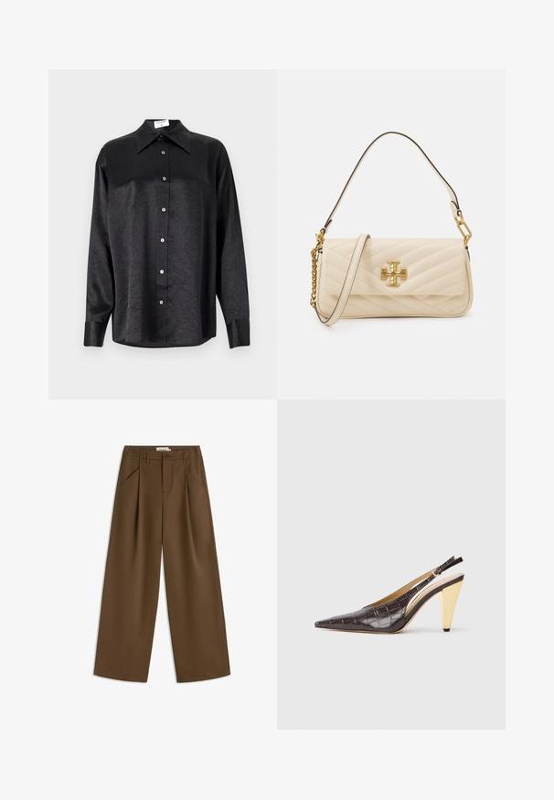 Schwarzes Langarmhemd mit kragenförmigem Halsausschnitt, mit einem zerknitterten Textur, voller Knopfleiste und Manschetten. Hergestellt aus einem glatten Stoff.; Braune weite Hose mit hohem Taillenbund, ausgestattet mit zwei vorderen Falten, seitlichen Taschen und einem einzelnen Knopfverschluss. Glatte Textur.; Spitz zulaufender Slingback-Absatzschuh aus glänzendem, dunkelbraunem Kunstcrocodilleder. Verfügt über einen goldfarbenen geometrischen Absatz und einen verstellbaren Knöchelriemen.; Gepolsterte cremefarbene Handtasche mit goldfarbenem Logo-Akzent, ausgestattet mit einer Ketten- und Ledertrage. Strukturiertes Design und glatte Textur mit diagonalen Nähten.