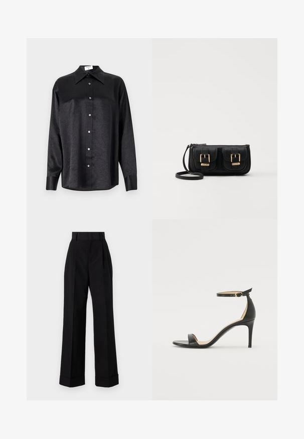 Zwarte blouse met lange mouwen en een kraag, voorzien van een gekreukt oppervlak, volwaardige knopen aan de voorkant en manchetten. Gemaakt van een gladde stof.; Hoge taille zwarte broek van katoen. Met een brede pijpdesign, plooien en opgerolde manchetten. Glad textuur, geen zichtbare patronen of hardware.; Zwarte leren hoge hak sandaal met enkelbandje. Heeft een gladde textuur, open teen en een dunne hak. Gouden gesp detail.; Zwarte leren schoudertas met twee vo pockets, gouden gespen, ritsluiting en een smalle band. Tekstuur oppervlak en compacte rechthoekige vorm.