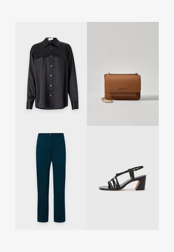 Juodas ilgarankovis marškinis su apykakle, turintis plėšyta tekstūra, visiško mygtukų uždarymo priekyje ir rankogaliais. Pagamintas iš lygaus audinio.; Tamsiai žalias tiesaus kirpimo kelnes, turinčios mygtuko užsegimą, priekinės kišenės ir lygaus medvilnės audinio.; Paul Smith AMIRA - Klasikiniai aukštakulniai - black; Ruda tekstūruota odinė per petį nešama rankinė su auksiniu grandininiu dirželiu ir užlenkiamo užsegimo. Priekinėje pusėje yra logotipo detalė ir kišenė po užlenkimu.