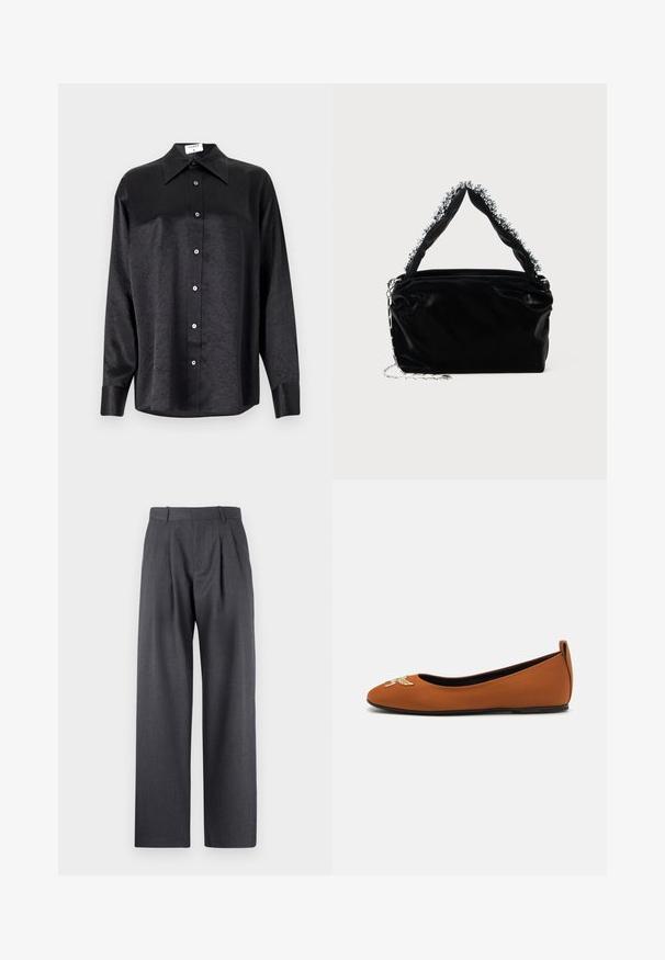 Fekete, hosszú ujjú ing, galléros nyakkal, gyűrött textúrával, teljes gombos elejével és mandzsettákkal. Simaságú anyagból készült.; Szürke, testre szabott, egyenes szárú nadrág, redőzött elülső résszel és texturált felülettel, övlyukakkal a deréknál.; Barna balettcipő sima anyagból, lekerekített orral, díszes hímzett mintával az orrán, alacsony sarokkal.; Fekete műbőr kézitáska texturált felülettel, amelyen gyöngyökkel díszített ezüstszínű kiegészítő található a felső fogantyún, valamint láncos pánt.