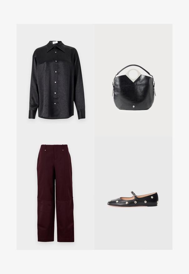 Black long-sleeve shirt with a collared neckline, featuring a crinkled texture, full button front, and cuffs. Made from a smooth fabric.; Burgundy pants with a relaxed fit, featuring a smooth texture, two front pockets, and two decorative buttons at the waistband.; Black leather Mary Jane flat shoe with a rounded toe, featuring silver circular studs and an adjustable strap with a buckle.; Black leather bag with a curved shape, circular top handle, and silver logo detail. Smooth texture and notable cut-out design feature.