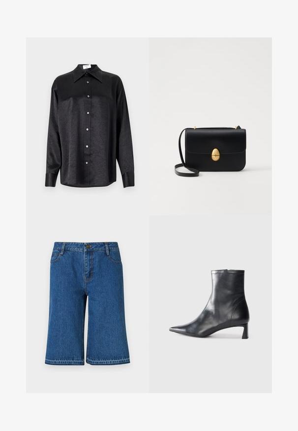 Melnas garām piedurknēm krekls ar apdari, kas piedāvā samocītu tekstūru, pilnu pogu priekšpusi un aproces. Izgatavots no gludas auduma.; Zilā džinsa šorti ar taisnu piegriezumu, ar jostasvietu, piecām kabatām un smalkiem diegu šuvēm gar šuvēm.; Melnas ādas potītes zābaki ar norādītu pirkstu un elegantu dizainu. Iezīmē zemu papēdi un rāvējslēdzēja aizdari aizmugurē. Gluda tekstūra.; Melnas ādas rokassomu ar strukturētu taisnstūra formu. Iespējas zelta ovāla slēdzis un plāns plecu siksna. Gluda tekstūra.